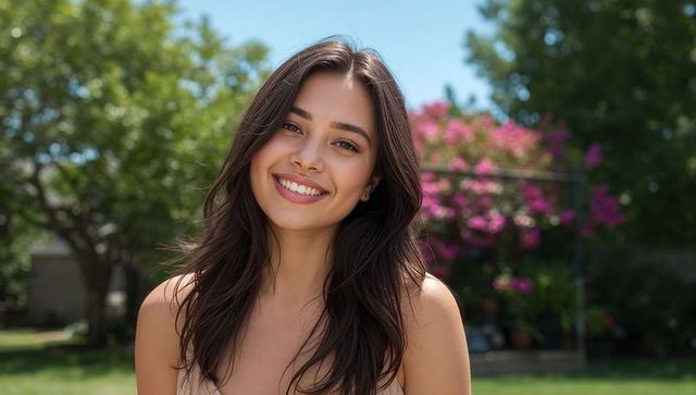 Smiling Woman Relaxing in Vibrant Backyard Garden on Sunny Day