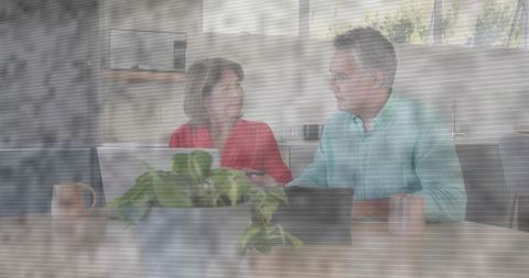 Middle-aged couple collaborating at kitchen table with laptop, plant and window stripes