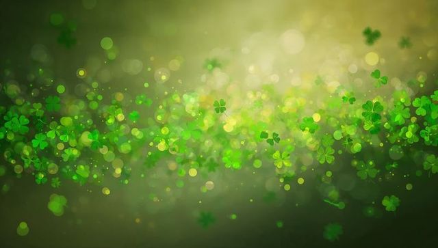 Glowing clover breeze drifting across green-gold bokeh field for st patrick's day