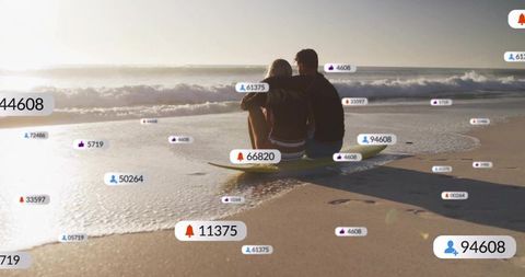Couple sitting on surfboard at sunset surrounded by social media notifications
