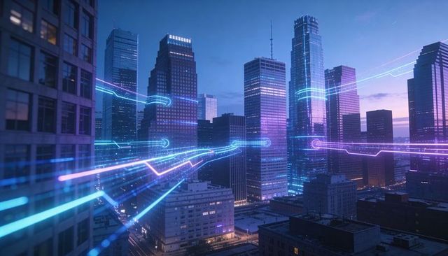 Neon data streams weaving through downtown skyscrapers at twilight cyberpunk city