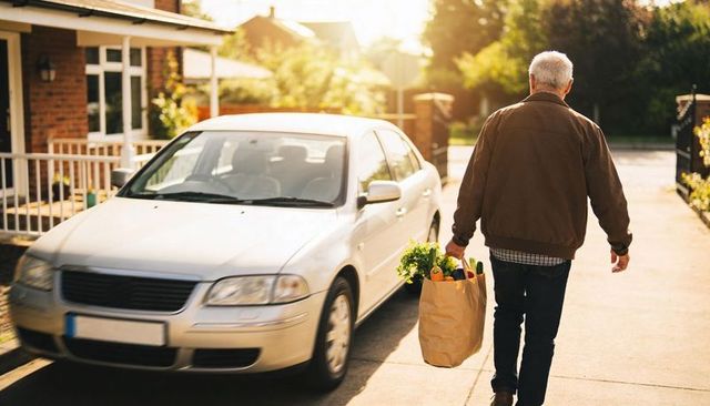 Senior walking with grocery bag on suburban driveway beside silver sedan at golden hour