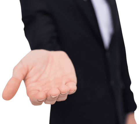 Businessperson reaching out with open hand on transparent background