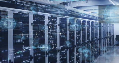 Futuristic Server Room with Data and Mathematical Holograms
