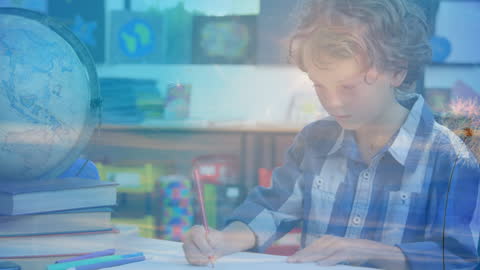 Young Boy Studying Amidst Light Trails and Shapes Animation