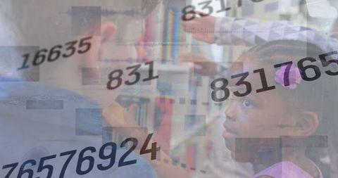 Diverse schoolchildren learning with digital data overlay in library