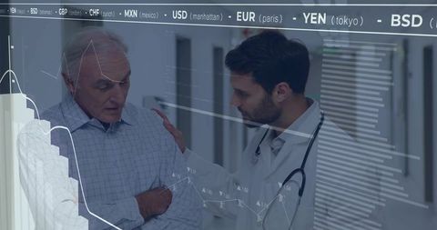 Doctor Supporting Patient with Financial Data Overlay in Background