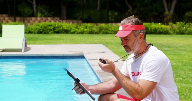 Lifeguard holding clipboard and looking at stop watch at pool side