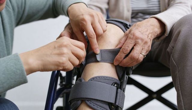 Caregiver adjusting hinged knee brace on senior to support mobility and independence
