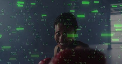Fierce Female Boxer Training with Digital Binary Overlay