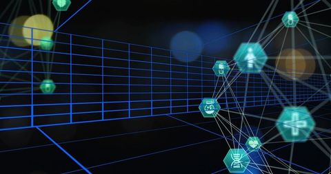 Futuristic Network Grid with Virtual Icons in Digital Cyberspace