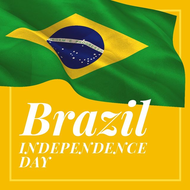 Vector image of waving flag with brazil independence day text on orange background, copy space. Illustration, patriotism, celebration, freedom and identity concept.