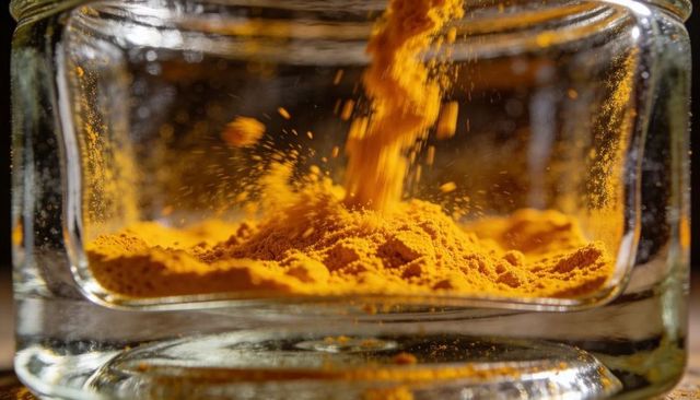 Pouring turmeric powder into clear square glass jar macro warm kitchen spice dust texture