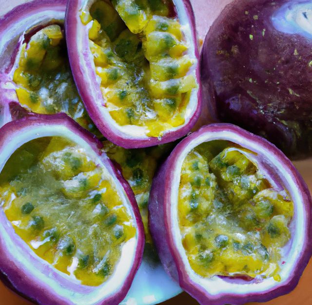 Close up of fresh and sliced passion fruit on table - Download Free Stock Photos Pikwizard.com