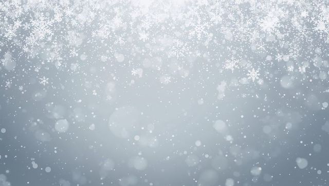 Falling snowflakes and frosty border on gray-blue bokeh background, winter holiday backdrop