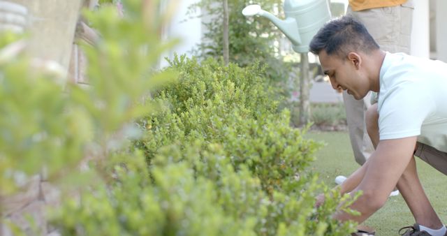 Young Man Gardening in Backyard with Watering Can - Download Free Stock Images Pikwizard.com