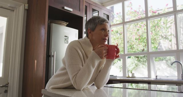 Woman Drinking Coffee in Modern Kitchen with Large Windows - Download Free Stock Images Pikwizard.com