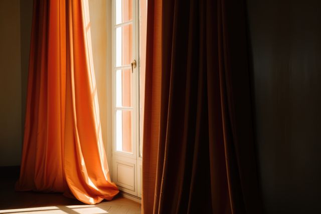 Orange curtains hanging in room with window, created using generative ai technology. Interior design, home decor and fabric concept digitally generated image.