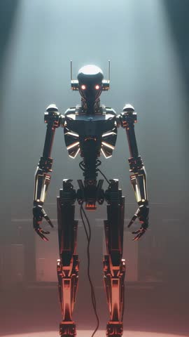 Camera Moving Closer Activating Humanoid Robot with Glowing Red Eyes During Lab Test Vertical