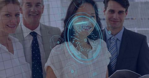 Business Team Showcasing Cybersecurity and Digital Access Control with Futuristic HUD