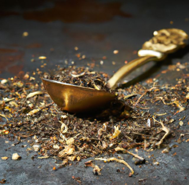 This image captures a spilled pile of dried herbs from a vintage brass spoon on a dark, textured surface. The close-up shot emphasizes the rustic charm and earthy tones, highlighting the textures of the herbs and the patina of the spoon. Ideal for use in culinary blogs, organic spice or herb product packaging, recipe books, and cooking websites where a sense of traditional and natural cooking methods is desired.