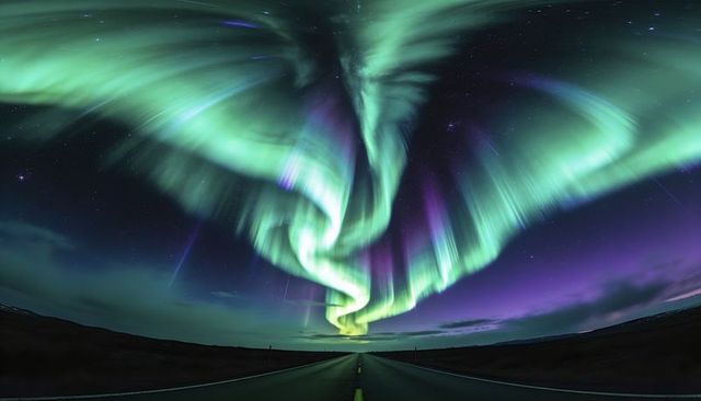 Aurora borealis spiraling above remote highway with yellow centerline leading to horizon