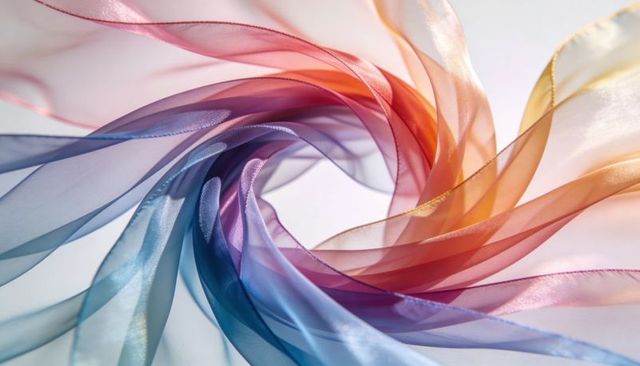 Multicolor sheer organza ribbons spiraling in center swirl with soft backlight gradient