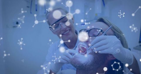 Dentist examining patient with molecular overlay, modern dental care and research concept