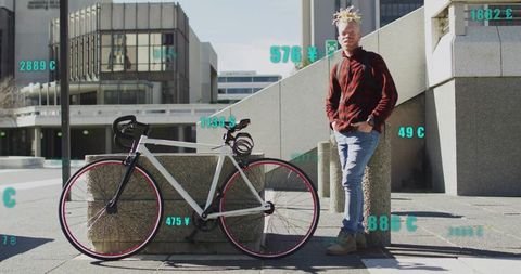 Urban Cyclist in Modern Plaza with Digital Currency Symbols