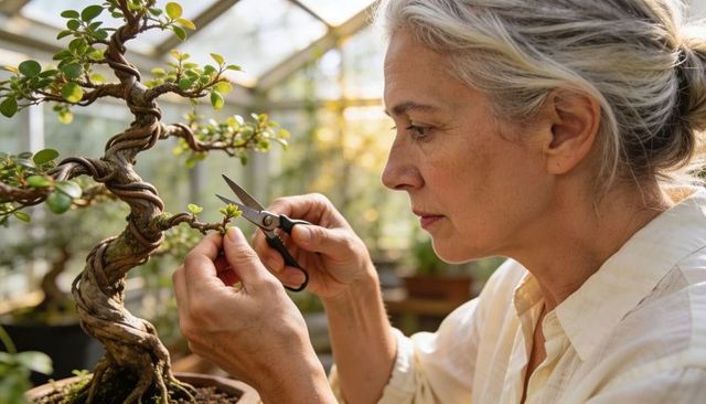Senior woman pruning bonsai in sunlit greenhouse nurturing twisted trunk and delicate foliage