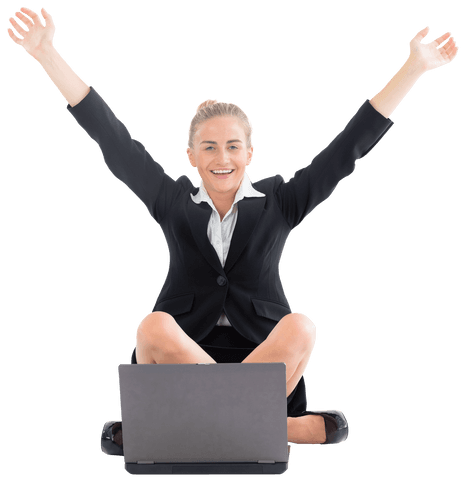 Transparent Happy Businesswoman Celebrating Success with Laptop