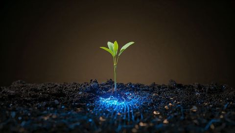Sprouting green seedling with glowing blue root network symbolizing tech-driven growth