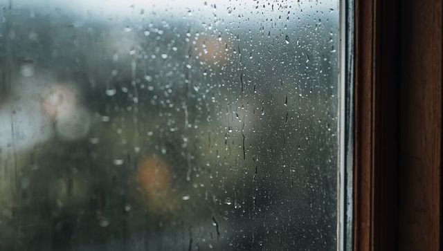 Raindrops on Window Pane with Wooden Frame, Moody Bokeh and Rain-Soaked Outdoors