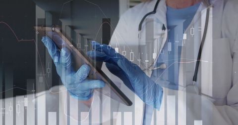 Doctor Analyzing Data on Tablet with Financial Graphs Overlay
