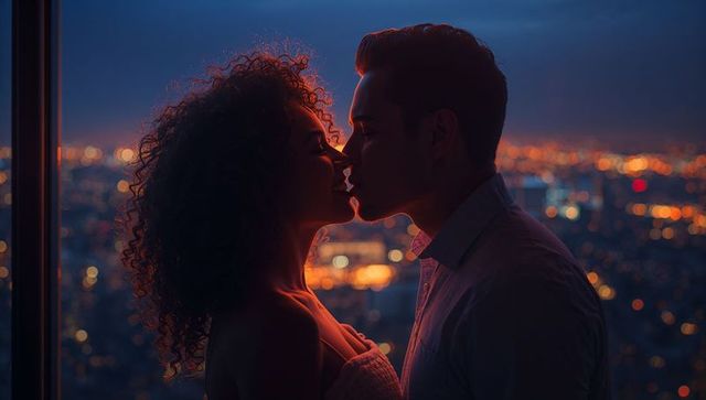 Romantic couple sharing sunset kiss with city lights bokeh and cinematic rimlight