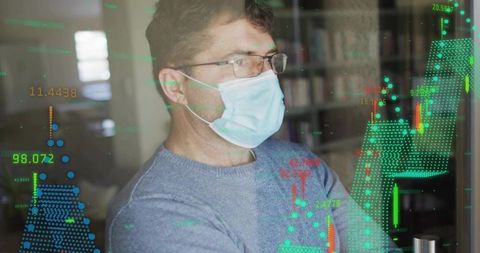 Masked trader analyzing candlestick charts with holographic data overlay in home office