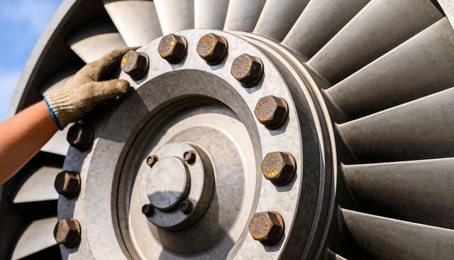Worker inspecting rusted turbine hub with gloved hand outdoor industrial maintenance