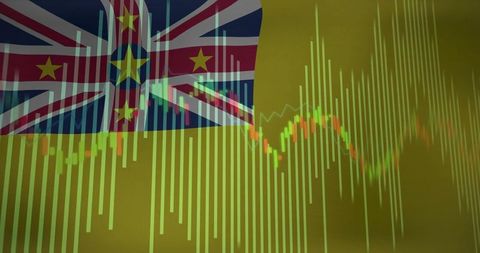 Niue Flag Overlaid on Stock Market Candlestick Graph