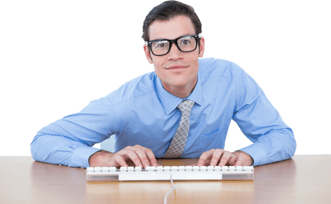Smiling Businessman Typing at Desk with Transparent Background - Download Free Stock Videos Pikwizard.com