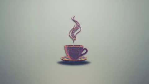Looping chromatic glitch teacup animation with pixel steam on minimal gradient background