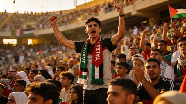 Young supporter celebrating with palestinian scarf in packed stadium crowd at sunset