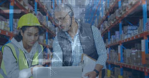 Diverse Warehouse Workers Discussing Logistics with Digital Data Overlay