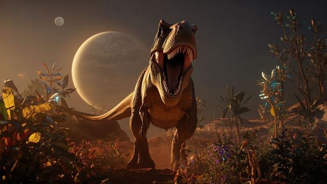 Roaring tyrannosaurus rex against alien planet backdrop