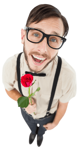 Transparent Lovesick Hipster Holding Red Rose Smiling