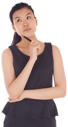Transparent Young Asian Businesswoman Thinking Holding Pencil