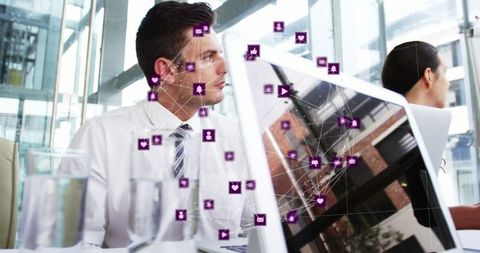 Global business network connections overlay office setting