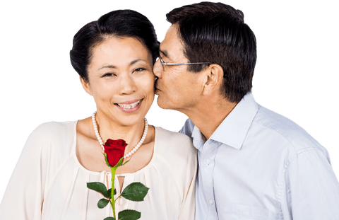 Transparent Background of loving Asian Couple with Red Rose