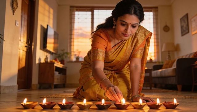 Indian woman wearing golden sari lighting clay diyas on living room floor for diwali