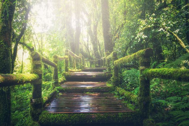 Misty Forest Pathway with Moss-Covered Wooden Bridge - Download Free Stock Photos Pikwizard.com