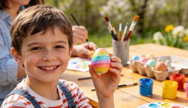 Smiling boy holding rainbow painted egg while painting outdoors in sunny garden